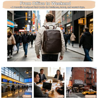 Genuine Leather 15.6 Inch Laptop Backpack for Men & Women, Business Commute Bag Daypack with Multi-Pockets for Travel Outdoor, Coffee Brown - color: Y80-17y-coffee