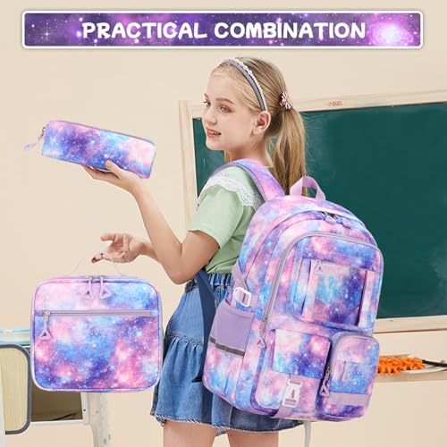PIG PIG GIRL Backpack for Girls 3pcs Set Kids Backpack with Lunch Box Students Kawaii Book Bag for Elementary Primary Middle School Bags - Ita Backpack - Galaxy - color: Purple Galaxy