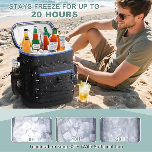 Large 52cans Cooler Backpack, Insulated, Waterproof, Leak Proof, 30L Large Capacity - color: Black, Blue Zipper