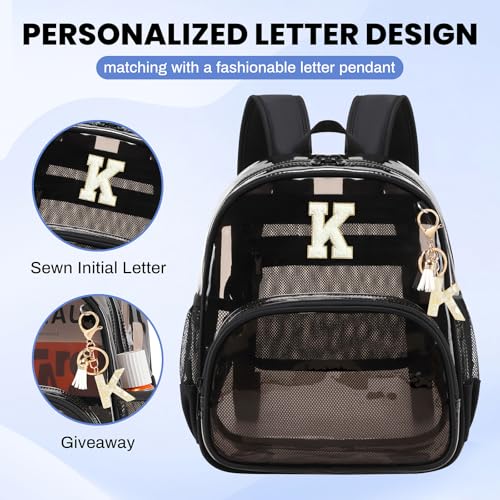 PIG PIG GIRL Clear Backpacks for Stadium Events Approved 12×6×12 Clear Bookbag for Women Mini Transparent Letter Back Pack, Semi-black, Letter-K - color: Semi Black, style: K