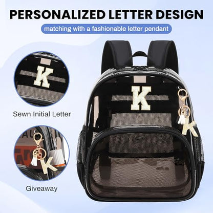PIG PIG GIRL Clear Backpacks for Stadium Events Approved 12×6×12 Clear Bookbag for Women Mini Transparent Letter Back Pack, Semi-black, Letter-K - color: Semi Black, style: K