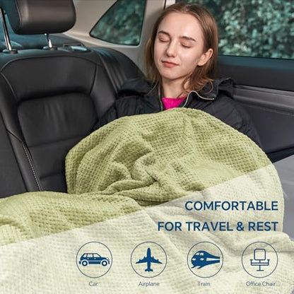 BEDELITE Travel Blanket with Bag, Ultra-Soft Jacquard Fleece Blanket with Luggage Sleeve & Backpack Clip, Airplane Blanket Travel Essentials, Sage Green - color: Sage Green
