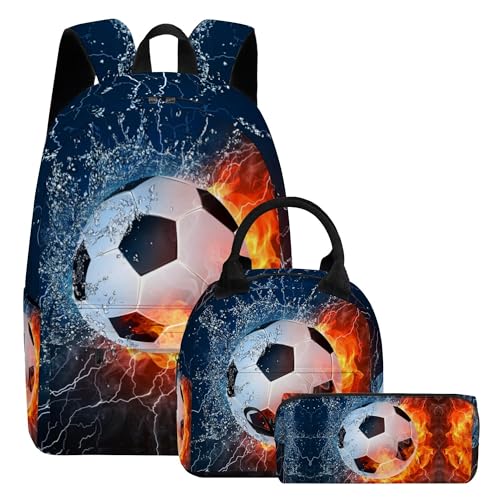 3PCS Backpack for Boys Girls, Kids Soccer Back to School Backpack Sets with Lunch Bag Pencil Case, 17 Inch Lightweight Bookpack 3 in 1 Set for Teens Elementary Middle High School Students - color: Water Fire Soccer