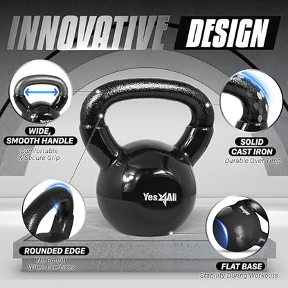 Yes4All Kettlebell, Vinyl Coated Kettlebell Cast Iron Sets with Stable Flat Bottom for Full Body Workout, Push up, Grip Strength Training & Weights Exercises - color: Black, style: 10 - 25lb