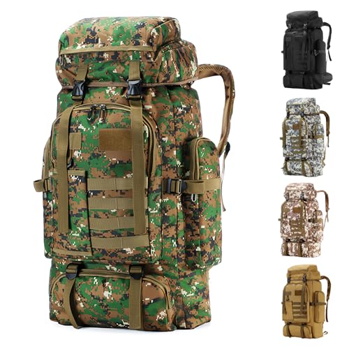 Hiking Backpack Tactical Backpack for Men Women, 80L Military Backpack Rucksack Waterproof Large Travel Camping Backpack for Men, Molle Rucksack Outdoor Sport Travel Daypack (Woodland Camo) - color: Woodland Camo