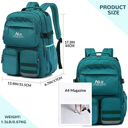 Water Resistant Backpack for Teen Girls Boys Students, Casual Multi Pockets Daypack with 15.6 inch Laptop pocket for Travel School College (Dark Green) - color: Dark Green With Embroidery