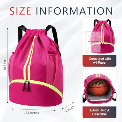 PinCute Drawstring Backpack for Women Men, Gym Bag for Soccer, Basketball, Swim, Beach, Water-Resistant Sports Backpack with Wet Pocket and Shoe Compartment, Rose - color: Rose