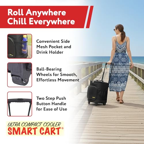 Ultra Compact Cooler Smart Cart with Wheels - Collapsible Insulated Cooler Bag - Foldable Travel Cooler 36 Cans - Leak Proof Trolley - Black - color: Black