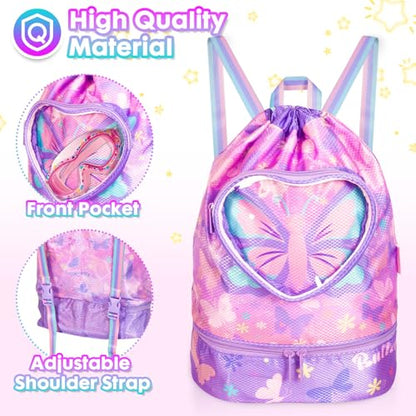 Drawstring Backpack for Kids Girls, Cute Cartoon Butterfly Waterproof Drawstring Bag String Swim Gym Sports Beach Bag with Shoes & Sunglasses Compartment and Wet Proof Pocket - color: J11. Butterfly