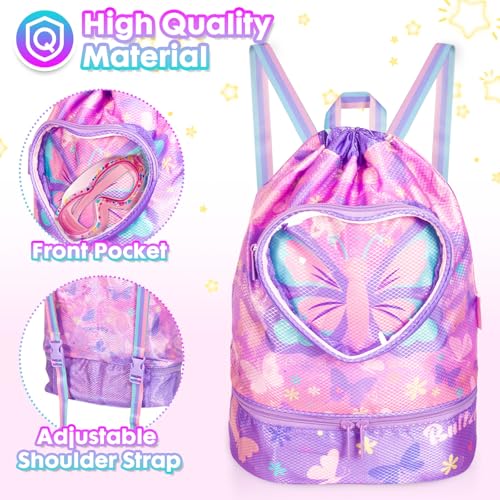 Drawstring Backpack for Kids Girls, Cute Cartoon Butterfly Waterproof Drawstring Bag String Swim Gym Sports Beach Bag with Shoes & Sunglasses Compartment and Wet Proof Pocket - color: J11. Butterfly