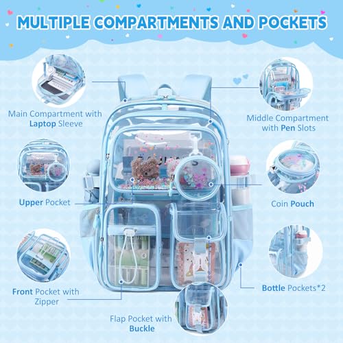 Clear Backpacks for Stadium Events Heavy Duty Clear Bookbag for School Girls Transparent Back Pack, Blue - color: Blue