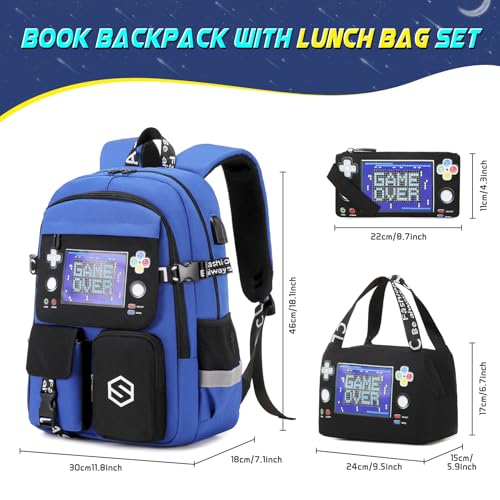 Scothen Boys Backpack, Cool Luminous School Backpacks for Boys with Lunch Bag Pencil Case, Kids Backpack Kindergarten Elementary Middle School Book Bags for Teen Boy Children with USB Charging Port - color: Black-blue