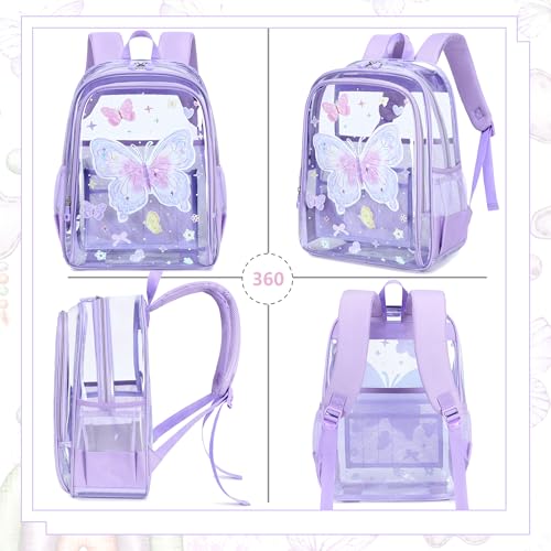 AO ALI VICTORY Clear Backpack for School,PVC Transparent Kids Bookbag for Girls Boys Cute Toddler Back Pack Kindergarten Elementary Schoolbag Stadium Approved See Through Backpacks, Purple Butterfly - color: Purple Butterfly