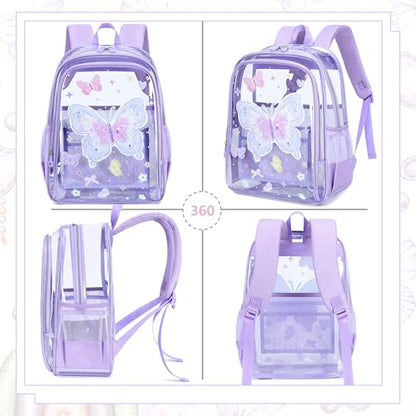AO ALI VICTORY Clear Backpack for School,PVC Transparent Kids Bookbag for Girls Boys Cute Toddler Back Pack Kindergarten Elementary Schoolbag Stadium Approved See Through Backpacks, Purple Butterfly - color: Purple Butterfly