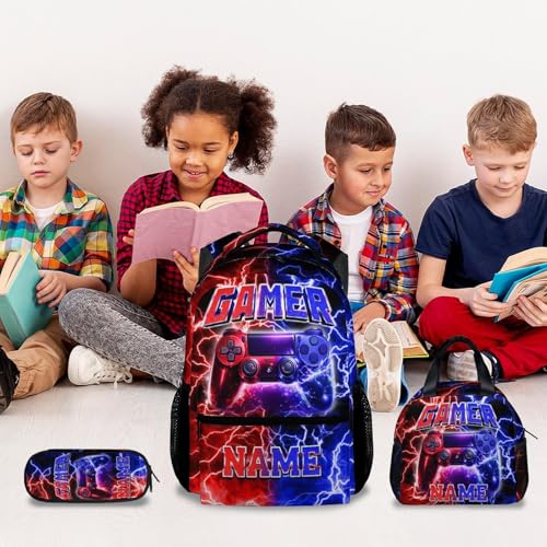 UNIKITTY Boys Gaming Backpack Set with Lunch Box & Pencil Case, Custom School Backpack for Kids & Teens, 17 Inch Large Capacity Gamer Bookbag, Water Resistant for Elementary & Middle School - color: Multicolor
