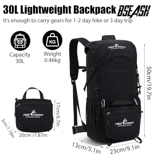 Bseash 30L Lightweight Hiking Backpack, Black | Waterproof, Outdoor Sport Travel Bag Daypack, For Cycling Climbing Skiing - color: Black