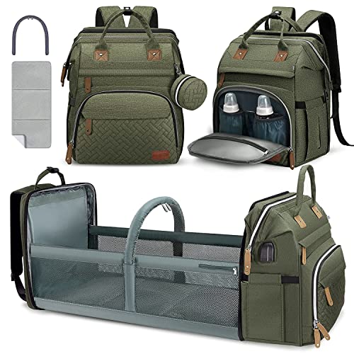 DERJUNSTAR Baby Diaper Bag Backpack with Changing Station Large Capacity Baby Bag for Boys & Girls, USB Charging Port, Pacifier Case, Sunshade & Toy Bar, Waterproof, Forest - color: Forest