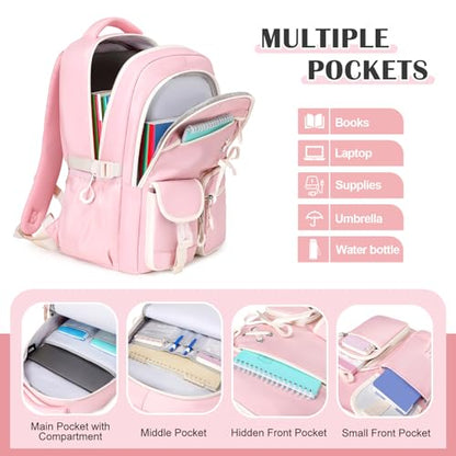 DIGOBAY Backpacks for Girls - 3PCS Girls Backpack with Lunch Box & Pencil Pouch School Backpacks for Elementary Middle High College School Bookbag for Teen Girl Kids Students Pink - color: Pinkbeige