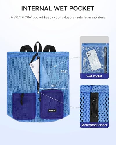 WANDF Swim Bag for Swimmers, Mesh Beach Backpack - color: Blue With 2 Front Pockets, size: Large