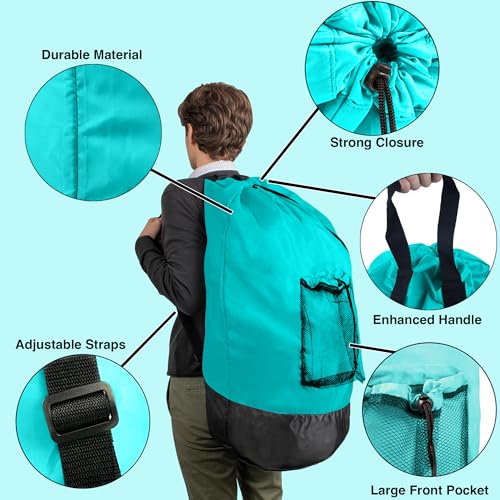Turquoise Laundry Backpack with Mesh Pocket, Adjustable Straps and Drawstring Closure - Large Portable Hamper for College, Apartment and Laundromat - color: Turquoise