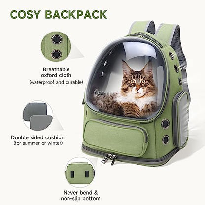Cawypety Cat Backpack Carrier, Breathable Cat Carrier Large Space Bubble Pet Backpack for Kitty Small Dog up to 15lbs, Transparent & Foldable Pet Carrier for Travel Hiking - color: Green