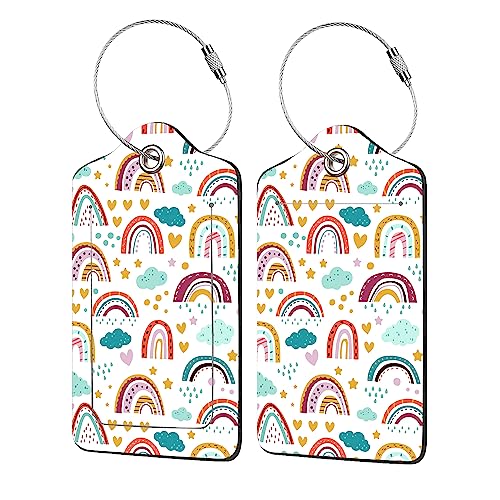 2 Pack Luggage Tag for Suitcase,Scandinavian Rainbow PU Leather Suitcase Tags Identifiers with Privacy Name Address Labels and Durable Steel Loop for Women Men Travel - color: Scandinavian Rainbow