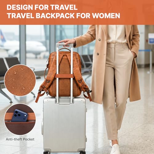 Travel Backpack for Women, PU Leather Carry On Backpack Flight Approved with Laptop Compartment, 40L Expandable Personal Item Travel Bag for Traveling Weekender Business (Brown) - color: Brown
