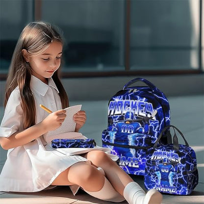 UNIKITTY Boys Hockey Backpack Set with Lunch Box & Pencil Case, Personalized Ice Hockey School Backpack 17 Inch Large Capacity, Water Resistant for Kids Teens - color: Blue