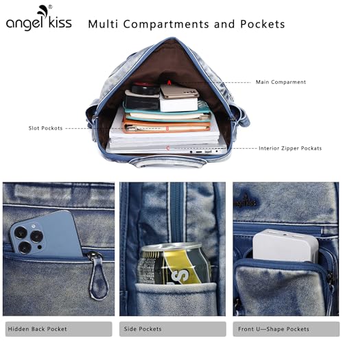 Angel Kiss Backpack Purse for Women Soft Washed Leather Multi Pocket Casual Travel Backpacks… - color: Navy-blue
