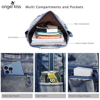 Angel Kiss Backpack Purse for Women Soft Washed Leather Multi Pocket Casual Travel Backpacks… - color: Navy-blue