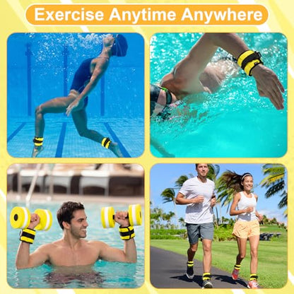 Hollowfly Water Aerobics Set, 4 Piece Pool Exercise Kit (2 Aquatic Dumbbells + 2 Ankle/wrist Weights), EVA Foam, Low-impact Workout - color: Neon Yellow, size: 1lb