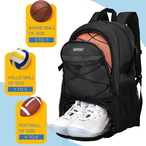 DAFISKY Basketball Backpack Sports Bag | Basketball Bag with Shoe Compartment and Ball Holder, 30L Large gym bag for boys girls - color: Black
