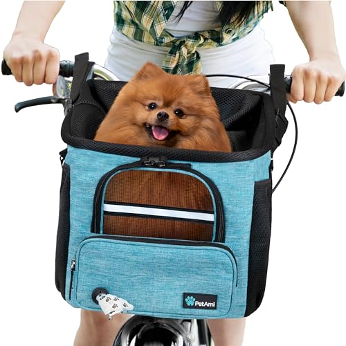 PetAmi Dog Bike Basket, Soft-Sided Ventilated Dog Bike Carrier Backpack, Pet Bicycle Basket for Bike Handlebar, Small Medium Puppy Cat Kitten Car Booster Seat with Safety Strap, Max 18 lbs, Blue - color: Teal Blue