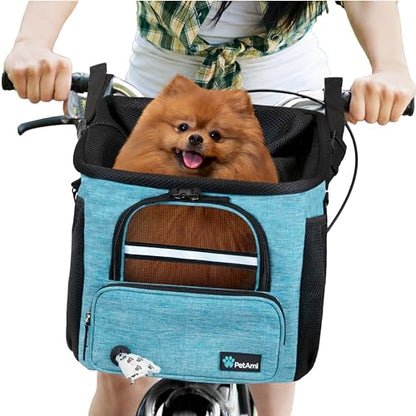 PetAmi Dog Bike Basket, Soft-Sided Ventilated Dog Bike Carrier Backpack, Pet Bicycle Basket for Bike Handlebar, Small Medium Puppy Cat Kitten Car Booster Seat with Safety Strap, Max 18 lbs, Blue - color: Teal Blue