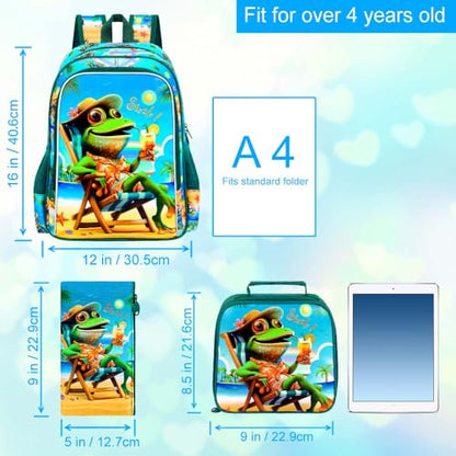 3Pcs Kids Backpack for Boys, 16" Frog Kindergarten Preschool Elementary Bookbag Set, School Backpacks with Lunch Box(Green) - color: Frog Green
