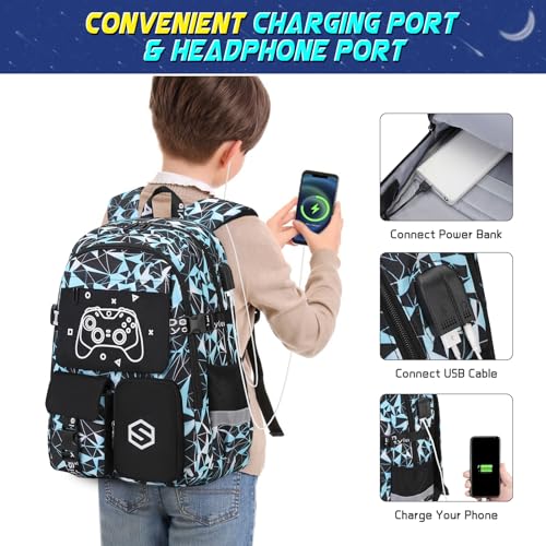Scothen Boys Backpack, Cool Luminous School Backpack with Lunch Bag Pencil Case, Kids Backpack Kindergarten Elementary Middle School Book Bags for Teen Boys Children with USB Charging Port - color: Blue Graffiti