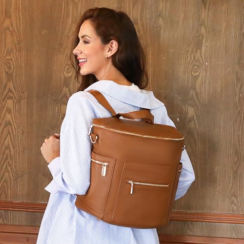 miss fong Diaper Bag Backpack Baby Diaper Bag, Large Leather Diaper Backpack with 16 Pockets Travel Diaper Bag with Diaper Changing Pad, Stroller Straps & 2 Insulated Pockets (Regular, Cognac) - color: Cognac