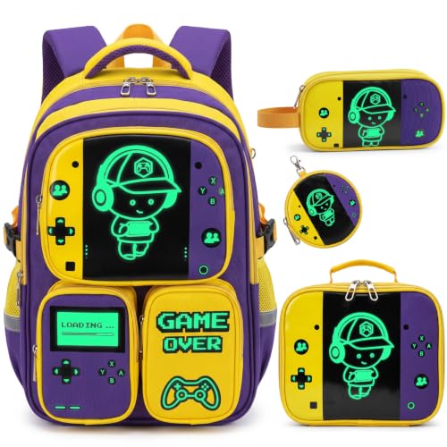 Boys Backpack, Luminous Gamer Backpack for Boys with Lunch Box,Pencil Case and Coin Puese,Kids Schoolbag Bookbag for Teen Boy Elementary Middle High School Travel(Yellow-Purple) - color: Yellow-purple