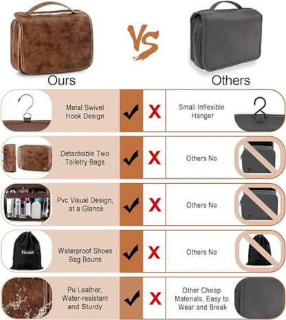 Elviros Hanging Toiletry Bag Removable Travel Bag PU leather Makeup Cosmetic Organizer Kit, Dark Brown - color: Dark Brown