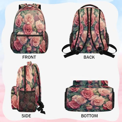 Retro Pink Rose Womens Travel Backpack | 15.6 Inch Laptop Backpack, Lightweight Casual Daypack, Water Resistant, Cute Work Backpacks, Large Capacity - color: Multicolor4