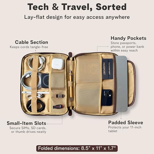 rofozzi Vegan Leather Travel Tech Pouch, Electronics & Cable Case Organizer with Padded 11-Inch Tablet Sleeve and Passport Pockets - color: Espresso