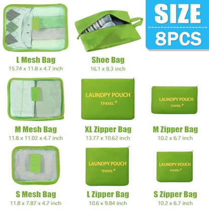 8 Set Packing Cubes for Travel Luggage Packing Bags Reusable Waterproof Suitcase Organizer Cubes Set with Shoe Bag and Toiletry Bag (Green) - color: Green