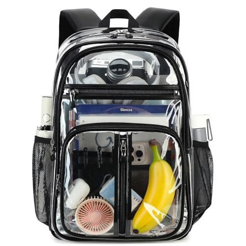 Cusangel Clear Backpack Heavy Duty for Stadium events,TPU 16in BookBag | See Through Large Capacity 6 Pocket Stitch durable plastic bag,For School work Warehouses Airport security,check(Black) - color: Black-16.5in