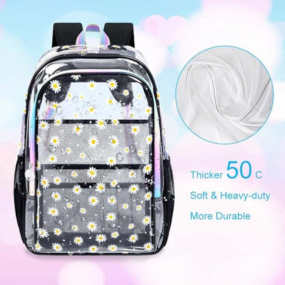 gxtvo 3PCS Girls Clear Backpack Heavy-Duty Set for Women & Teen, 17" Black Transparent Bookbag with Rainbow Strap, Cute Chrysanthemum See Through School Bag - color: Black Chrysanthemum Clear Backpack Set
