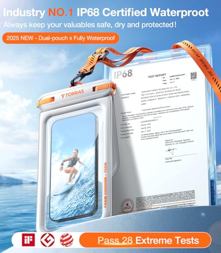 TORRAS IP68 Waterproof Phone Pouch Double Space, Floating Waterproof Phone Case with Lanyard for iPhone 17 Pro Max 16 15 14 S26 S25, Phone Dry Bag Vacation Cruise Ship Travel Essentials 7.0'', White - color: White