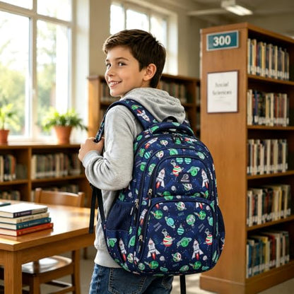 MYGOO Boys School Backpack Campus Astro Navy Bookbag for Elementary Middle School Ages 5-12, 17 inch Large Capacity 24L Kids Student Travel Bags - color: Campus Astro Navy