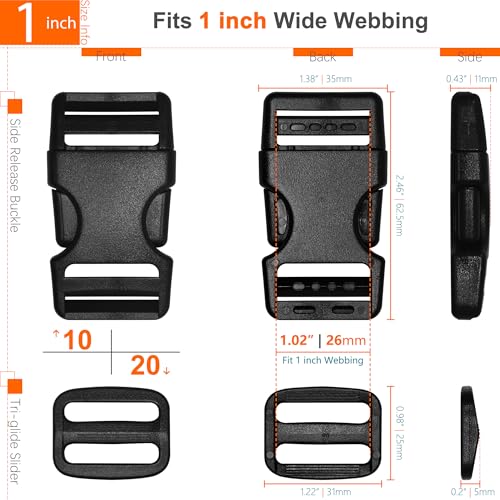 1 inch Straps and Buckles Set: 12 yard Nylon Webbing Strap 1" Wide, 10 pack Side Release Plastic Buckle, 20 pcs Tri-glide Slide Clip, Heavy Duty Quick Snap Fastener Dual Adjustable No Sewing Required - size: 1" x 12 yd Strap + 10 pack Buckles