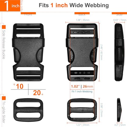 1 inch Straps and Buckles Set: 12 yard Nylon Webbing Strap 1" Wide, 10 pack Side Release Plastic Buckle, 20 pcs Tri-glide Slide Clip, Heavy Duty Quick Snap Fastener Dual Adjustable No Sewing Required - size: 1" x 12 yd Strap + 10 pack Buckles