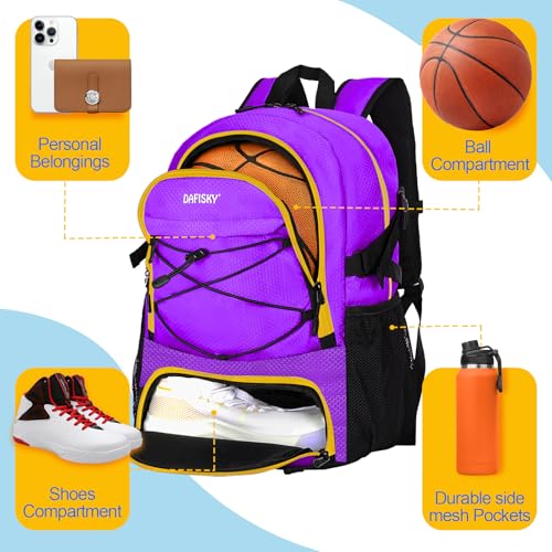 DAFISKY Basketball Backpack Sports Bag | Basketball Bag with Shoe Compartment and Ball Holder, 30L Large gym bag for boys girls - color: purple