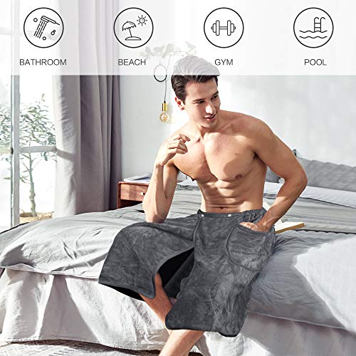 SINLAND Microfiber Men’s Bath Wrap Water Absorbent Quick Dry Spa Sauna Wrap Around Towel Bath Towels with Adjustable Snap on Closure 24inch x 63inch Grey - color: Grey